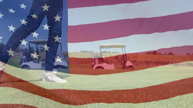 Animation of golfer over waving usa flag