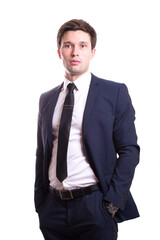 young white handsome man in a shirt strict office suit stands isolated on a white background