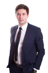 young white handsome man in a shirt strict office suit stands isolated on a white background