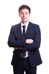 young white handsome man in a shirt strict office suit stands isolated on a white background
