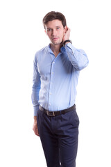 young white handsome man in a shirt strict office suit stands isolated on a white background