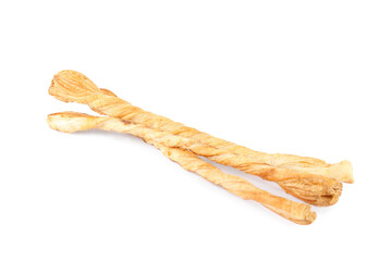 Delicious grissini isolated on white. Crusty breadsticks
