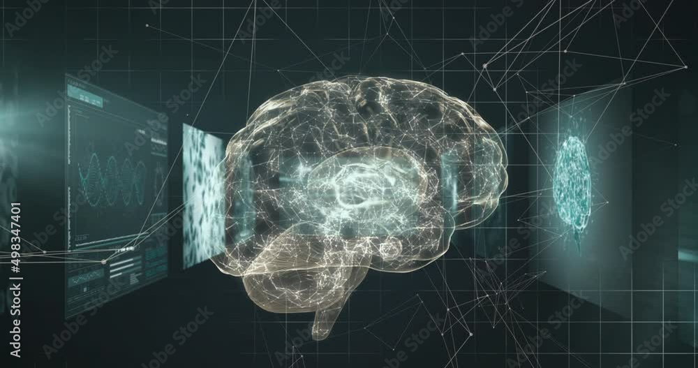 Aufkleber animation of digital brain and data processing on black background