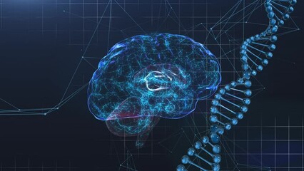 Animation of digital brain and dna strand on black background - Powered by Adobe