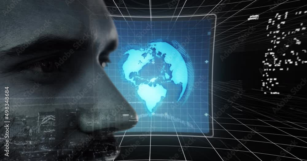 Poster animation of data processing and caucasian man over cityscape
