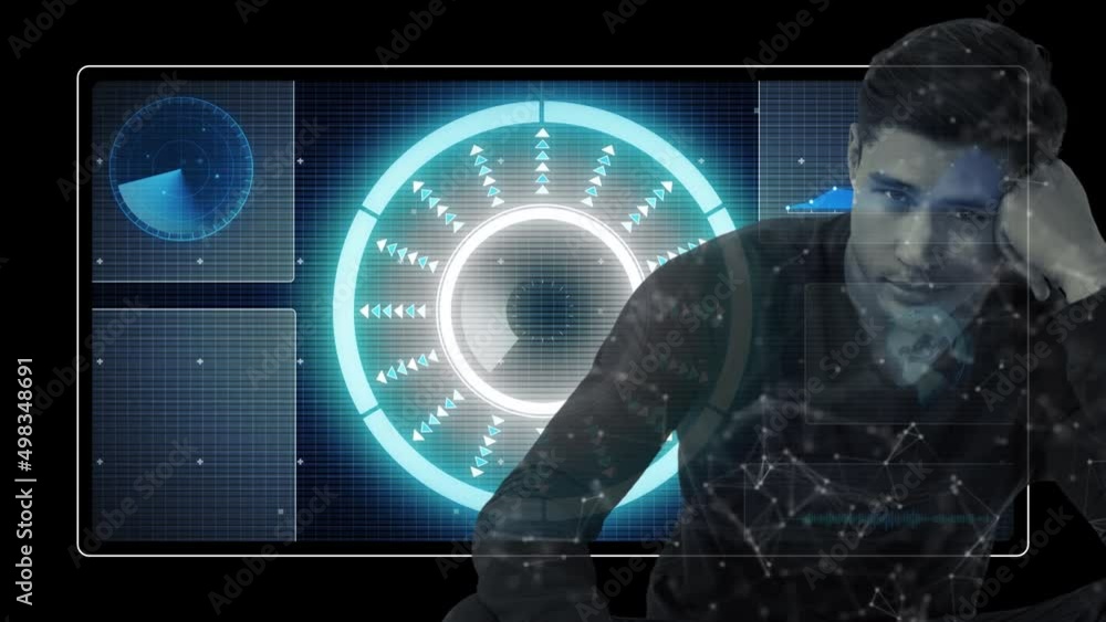 Aufkleber animation of data processing and caucasian man on black background