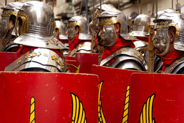 roman soldiers in a historical reenactment in easter. People performing a Roman legion