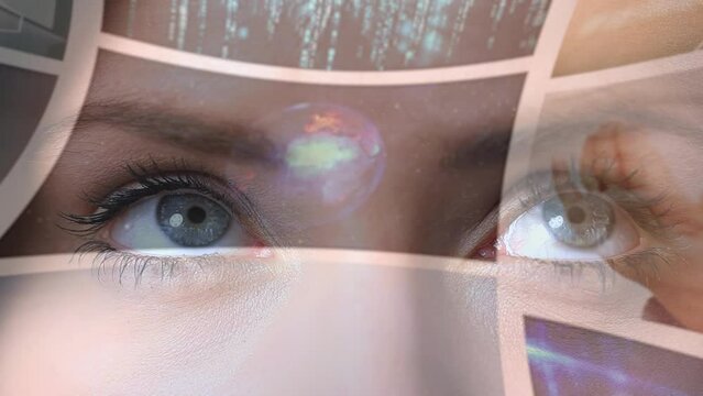 Animation of digital screens over eyes of caucasian woman