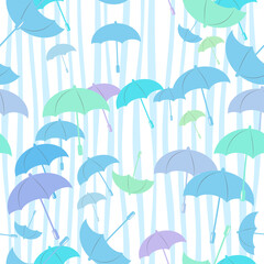 Fototapeta na wymiar Seamless pattern in pastel colors silhouettes of umbrellas on a background of vertical wavy lines for the design of fabric, paper. Vector illustration