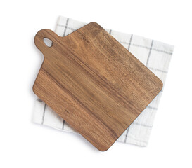 wooden kitchen board on a white towel. Culinary background