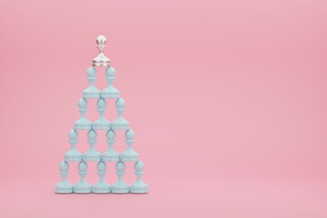 Pyramid of pastel blue pawns with a silver pawn in the top.3D conceptual illustration - obrazy, fototapety, plakaty