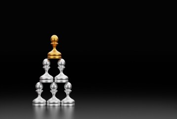 Pyramid of silver pawns with a golden pawn on the top on a black background.3D modern concept