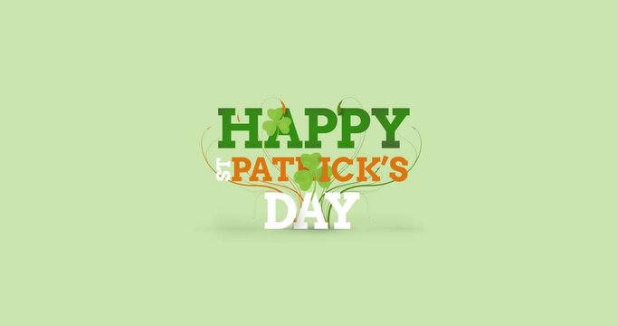 Animation of happy st patrick's day text with clover leaves on light green background