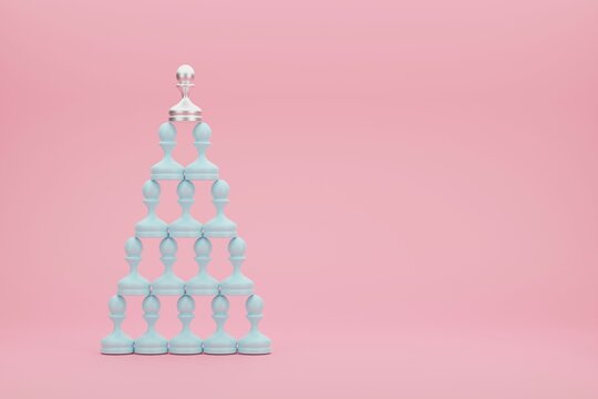 Pyramid of pastel blue pawns with a silver pawn in the top.3D conceptual illustration