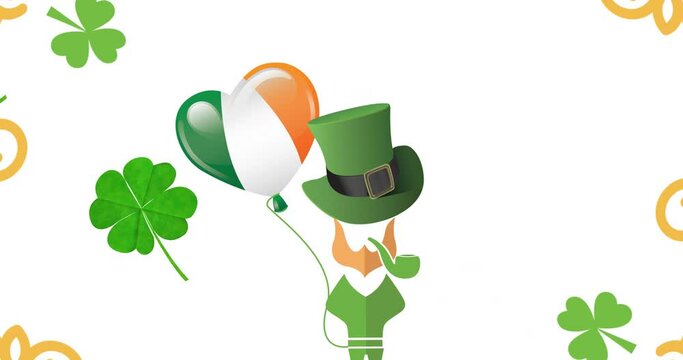 Animation of leprechaun with irish flag balloon and clover leaves on white background