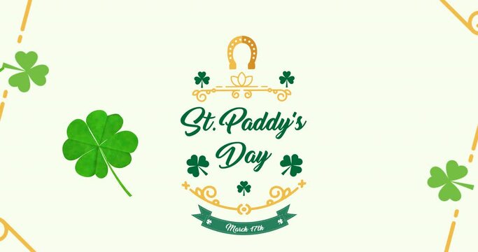 Animation of st paddy's day, horseshoe and clover leaves on white background