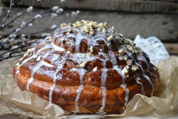 Easter sweet bread is a festive close-up selective focus. Easter food.