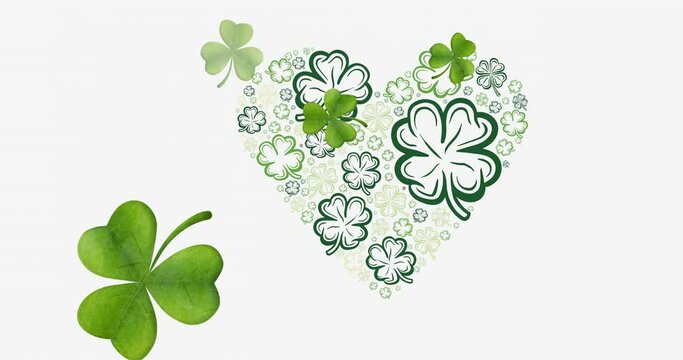 Animation of multiple clover leaves falling and forming pulsating heart on white background