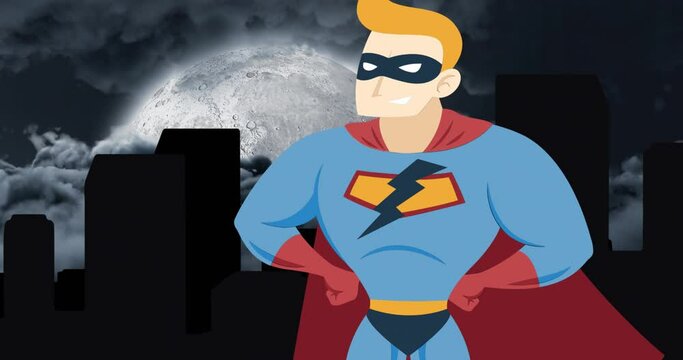 Animation of superhero pulsating over moving cityscape over moon and clouds
