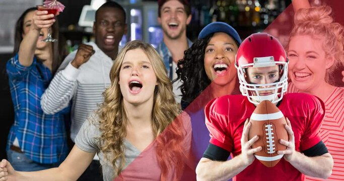 Animation of male american football player over happy diverse sport fans watching game at bar