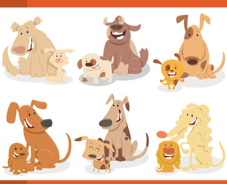 funny cartoon dogs with puppies comic characters set