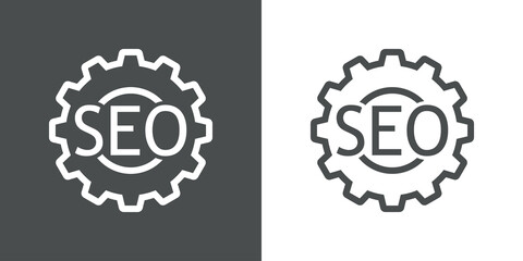 Search Engine Optimization. Logotipo con texto SEO en silueta de rueda dentada con líneas en fondo gris y fondo blanco
