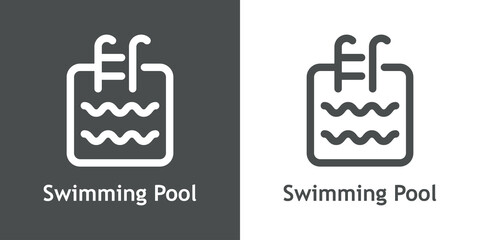 Logo con texto Swimming Pool. Icono plano con silueta de piscina de forma de cuadrado con olas con líneas en fondo gris y fondo blanco
