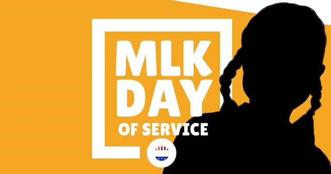Animation of happy martin luther king day text over silhouette of girl
