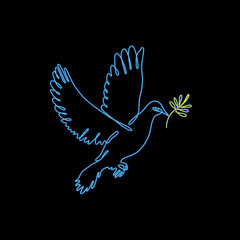 Symbol of peace with colors of Ukranian flag on black backdrop. Support of Ukraine concept. Continuous line  dove with olive branch.