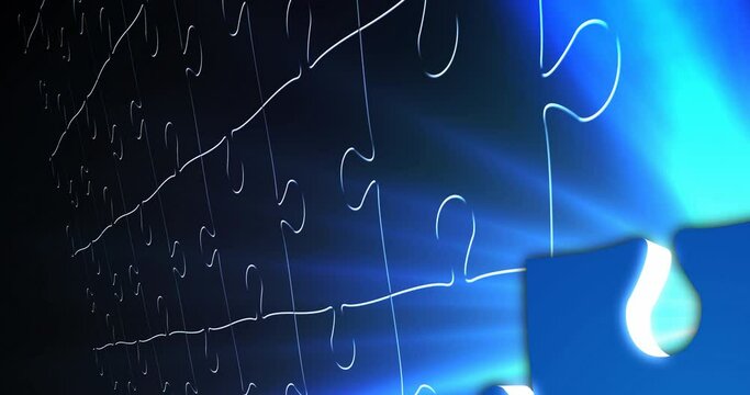 Animation of blue pieces of puzzle over blue light trails - Powered by Adobe