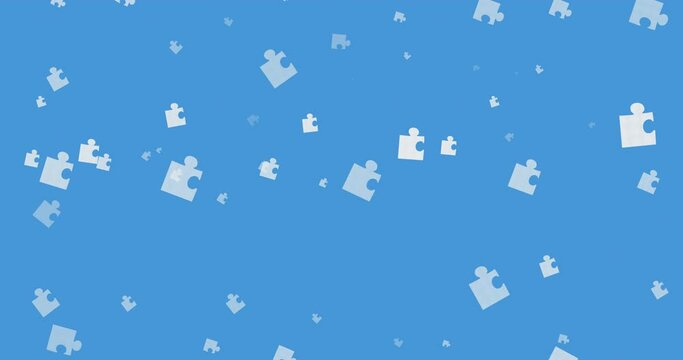 Animation of white pieces of puzzle falling on blue background