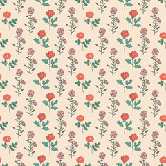 Hand drawn seamless pattern of blooming flowers and leaves. Floral colorful summer collection. Decorative doodle illustration for greeting card, wallpaper, wrapping paper, fabric, packaging