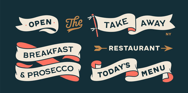Vintage graphic set. Ribbon, flag, arrow, board with text Open, Take Away, Breakfast, Menu. Set of ribbon banner and retro graphic. Isolated vintage old school set shapes. Vector Illustration