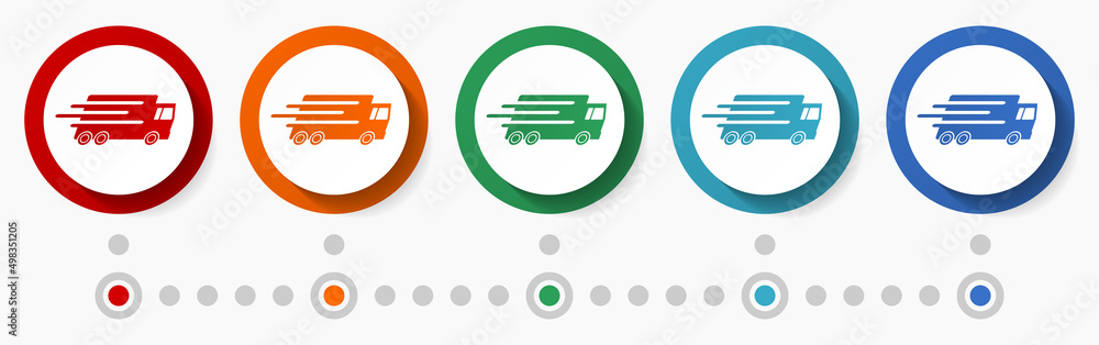 Fototapete Fast delivery concept vector icon set, infographic template, flat design colorful web buttons in 5 color options