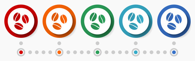 Coffee beans concept vector icon set, infographic template, flat design colorful web buttons in 5 color options