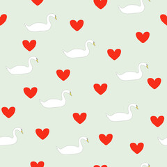 Seamless pattern white swans, little red hearts on green water background, vector eps 10