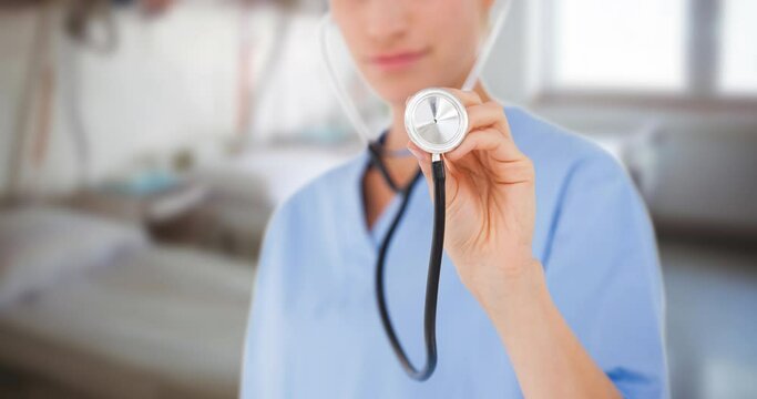 Animation of smiling caucasian female doctor with stethoscope over patient room