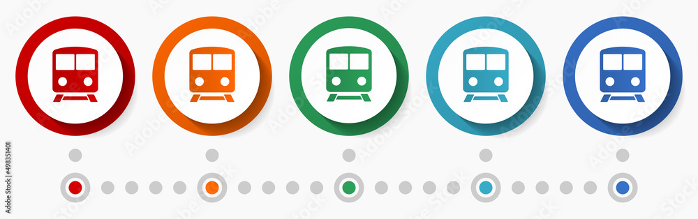 Aufkleber Subway, train, public transport concept vector icon set, infographic template, flat design colorful web buttons in 5 color options