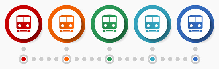 Subway, train, public transport concept vector icon set, infographic template, flat design colorful web buttons in 5 color options