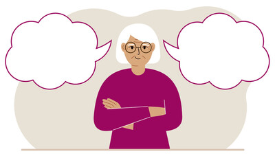 A satisfied grandmother tries to make the right decision. Left and right are empty bubbles. Comparison of the two solutions.