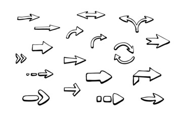 Hand-drawn arrows in a doodle style. A set of black arrows of different directions and shapes. Up, down, left, right, twisted and split. Isolated on a white background. Vector graphics