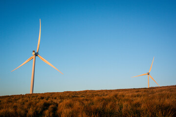 Twin turbines, sunrise, Wardlaw windf farm, Dalry, North Ayrshire, Scotland, UK