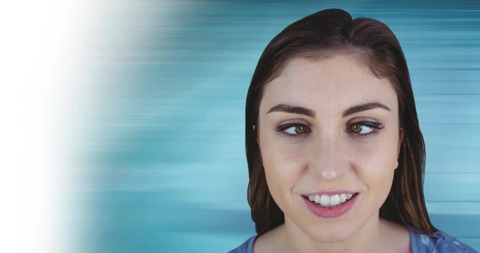 Video of crossed eyed caucasian woman on blue background