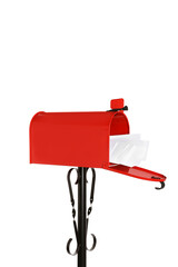 Red letter box with envelopes on white background