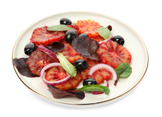 Plate of delicious sicilian orange salad isolated on white