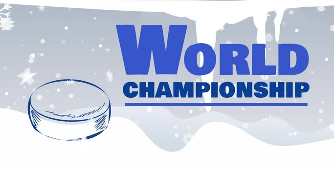 Animation of world championship text in blue over illustration of ice hockey puck and snow falling
