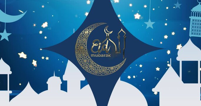 Animation of eid mubarak text with mosque and crescent over blue glowing background