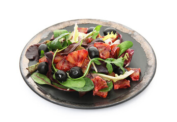Delicious salad with sicilian orange on white background
