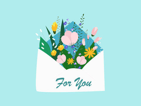 illustration of flowers inside envelope with for you lettering on blue background.