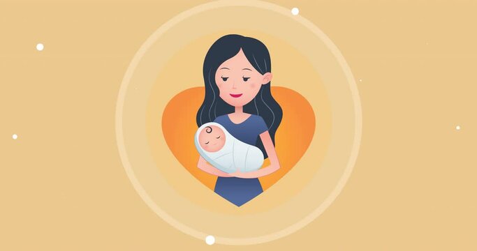 Animation of mother and newborn over heart and circle on yellow background with white dots